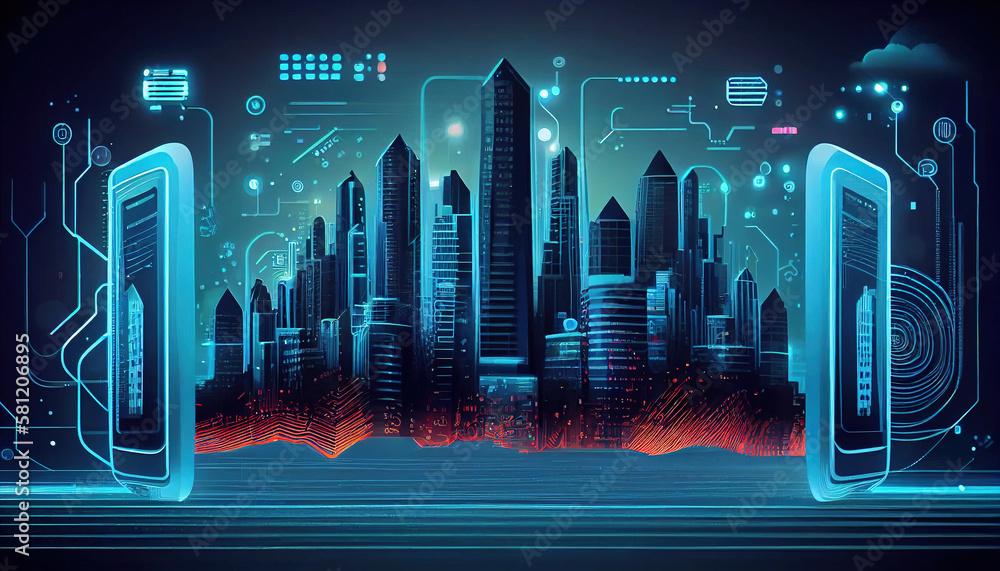 Poster smart city digital technology, internet network connection, digital marketing iot internet of things