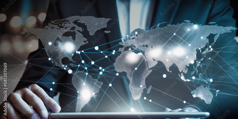 Poster global business network with interconnected lines, internet of things communication on a global scal