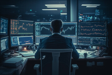 Trader doing analysis and trading behind multiple screens showing charts and statistics. Stock, crypto or forex financial market. - obrazy, fototapety, plakaty