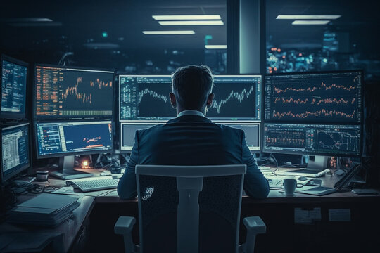 Trader doing analysis and trading behind multiple screens showing charts and statistics. Stock, crypto or forex financial market.