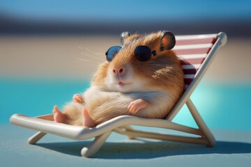 Cute hamster relaxing on a sun lounger near a pool. Generative ai - obrazy, fototapety, plakaty