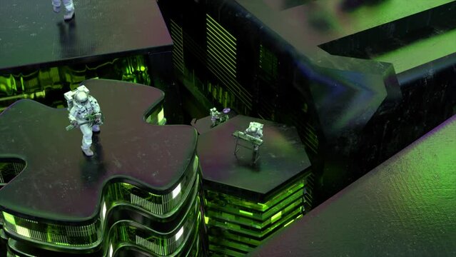 Space rock. Astronauts play musical instruments while standing on rising platforms. Green neon light. 3d animation 