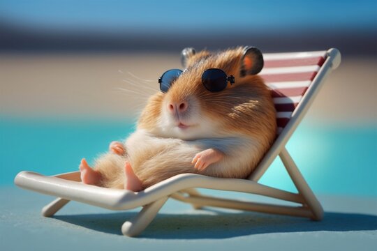 Cute hamster relaxing on a sun lounger near a pool. Generative ai