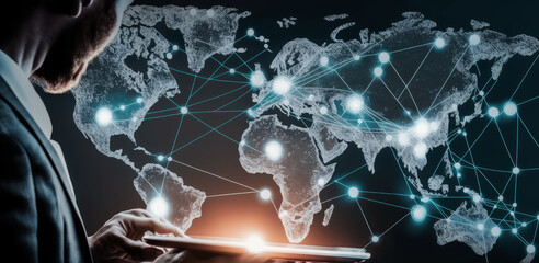 Global business network with interconnected lines, internet of things communication on a global scale, finance, trading, blockchain technology, and businessman using tablet  - Generative AI