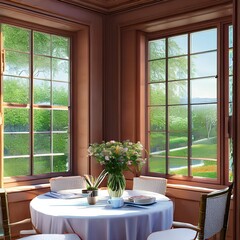 A sunny breakfast room with a small table and chairs, sunlight streaming in from a bay window3, Generative AI