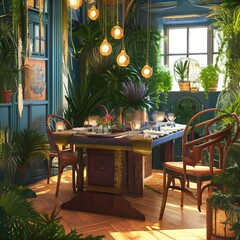 Fototapeta na wymiar A bohemian dining room with a mismatched table and chairs, Lots of plants, and Moroccan lanterns2, Generative AI