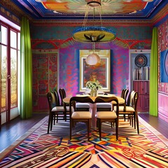 Fototapeta na wymiar An eclectic dining room with a mix-and-match table and chairs, a patterned rug, and colorful walls1, Generative AI