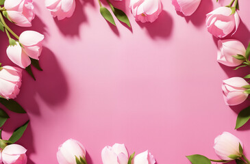 Beautiful tulip flowers on pink background, top view. Greeting card template. Generative AI