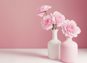 Beautiful pink peony flowers in white vases on pink background. Greeting card template. Generative AI Generative AI  