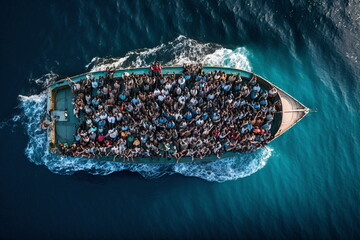 A boat full of migrants in the middle of the ocean - obrazy, fototapety, plakaty