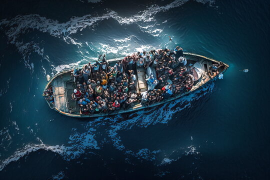 A boat full of migrants in the middle of the ocean
