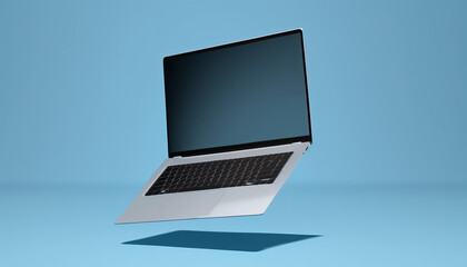 Mockup of laptop computer with aluminum shell and blue blank screen. Mock representation. communication, the internet, and digital technology. Background for advertisement  - Generative AI