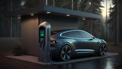 Fototapeta na wymiar A car is charging at an electric station, luxury vehicle and charging spot, Generative AI
