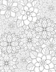  Coloring pages for children and adults.Blooming garden illustration hand drawing.   