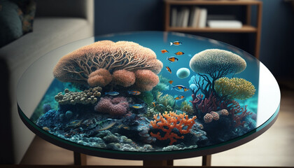 A glass table with cute fish and beautiful coral reef pictures on it, Generative AI
