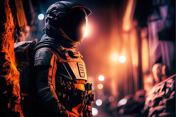 Fototapeta na wymiar An astronaut on an alien planet. A high-tech astronaut from the future. Generative AI Art.