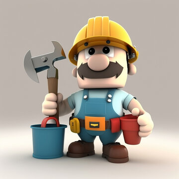 Plumbing worker cartoon, worker wearing safety helmet carrying carpentry tools, pipe and bucket