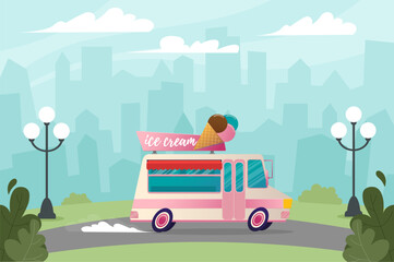 ice cream truck driving through the city