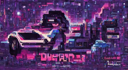 Cyberpunk neon city night. Purple violet Futuristic city scene in a style of pixel art. 80's wallpaper. Retro future Generative AI illustration. Urban scene.