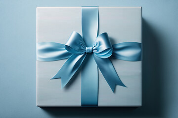 blue gift box with blue bow on blue background. Top view. Ai generative