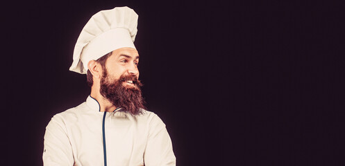 Bearded chef, cooks or baker. Funny chef with beard cook. Beard man and moustache wearing bib...