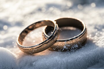 Obraz na płótnie Canvas Wedding engagement rings. Love and the symbol of marriage on snow.