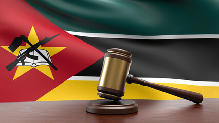 Mozambique country national flag with judge gavel hammer on court desk concept of constitutional law and justice based on wood desk table 3d rendering image
