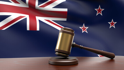 New Zealand country national flag with judge gavel hammer on court desk concept of constitutional law and justice based on wood desk table 3d rendering image
