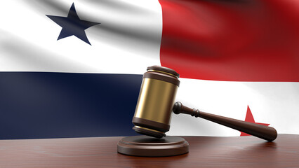 Panama country national flag with judge gavel hammer on court desk concept of constitutional law and justice based on wood desk table 3d rendering image