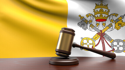 Vatican country national flag with judge gavel hammer on court desk concept of constitutional law and justice based on wood desk table 3d rendering image