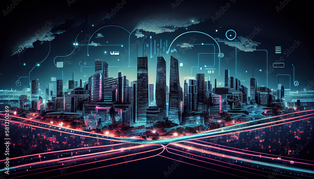 Poster smart city digital technology, internet network connection, digital marketing iot internet of things