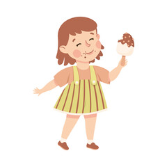 Little Girl Eating Sweet Ice Cream with Happy Face Enjoying Sugary Treat Vector Illustration