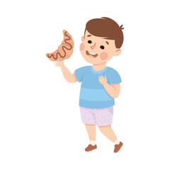 Little Boy Eating Sweet Croissant with Happy Face Enjoying Sugary Treat Vector Illustration