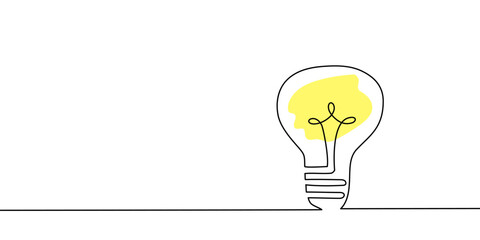 One line light bulb lamp art. Continuous single line idea, creative, energy concept bulb. Brainstorm, business solution design concept. Vector illustration. 