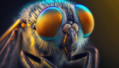 Macro portrait of a fly with neon eyes on dark background. Generative AI.