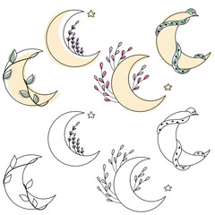 Esoteric set with crescents. Silhouette and colorful. Vector illustration