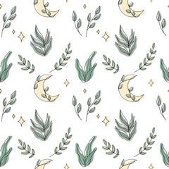 Natural seamless pattern with plants and crescents. Vector illustration