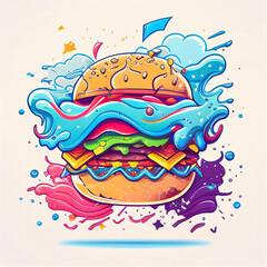 Cartoon burger color splas. AI generated illustration