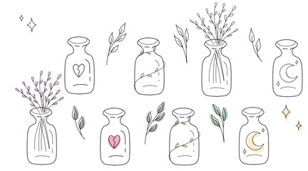 Vector set of esoteric vials. Branch, moon, lavender. Vector illustration