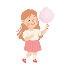 Little Girl Eating Sweet Candy Floss with Happy Face Enjoying Sugary Treat Vector Illustration