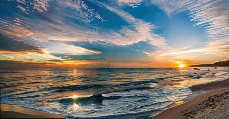 sunset over the sky and sea, and beach, 