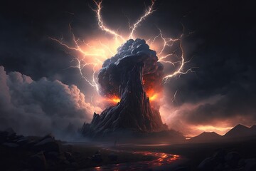 Artificial intelligence beautiful landscape with lightning breaking stone