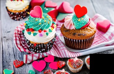 Chocolate and vanilla heart cupcakes, colorful, decoration