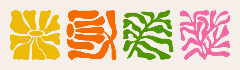 Groovy abstract flowers and plants set. Modern botanical print in retro style.