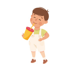 Little Boy Drinking Sweet Soda with Happy Face Enjoying Sugary Treat Vector Illustration