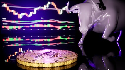 3d illustration  of bull statue in black background with crypto trading graph blurred and bitcoin on the floor