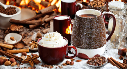cup of hot chocolate with cinnamon sticks and spices