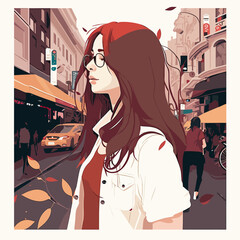 Beautiful Japanese teenage girl standing outside, vector flat illustration, EPS 10.