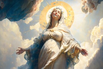 Wallpaper Illustration and background of Mary Mother of Jesus Christ. Front View. Concept of religion, religious. Generative AI