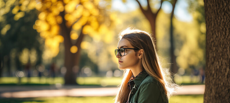 Relaxed Woman Contemplating Views Sitting In A Park. Generative AI Illustration.